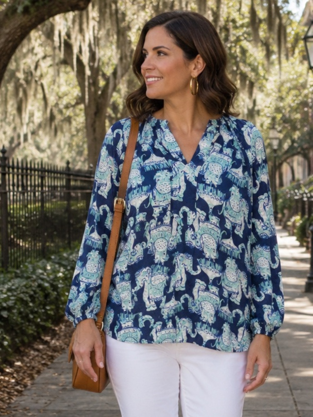 Lilly Pulitzer Martinique Joy Ride Elephant Print Split Neck Rayon Blouse XXS